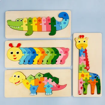 Мультяшный цифровой пазл с животными, карточная пряжка, детская цифровая познавательная головоломка, деревянная игрушка