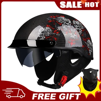 Мотоциклетный шлем из натурального углеродного волокна с половиной лица, высококачественный Ретро Электрический скутер Для езды на мотоцикле, Реактивный шлем Moto Casco DOT