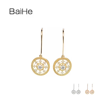 BAIHE Solid 14K Желтое золото H/SI, Натуральный Бриллиант, Винтажные серьги-крючки для ушей, Женские Модные Обручальные Свадебные ювелирные изделия